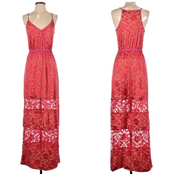 Vintage y2k ABS Allen Schwartz Maxi Dress Floral Lace Slit Pink Wrap Size Small - Picture 1 of 11